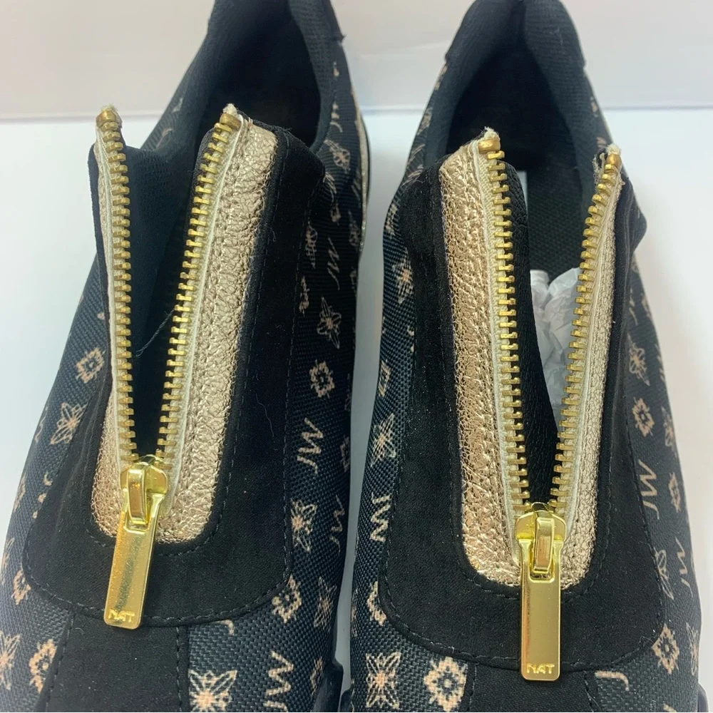The Bradford Exchange Black Gold‎ Zip Sneakers Women’s Size 7.5 Monogram Slip-On